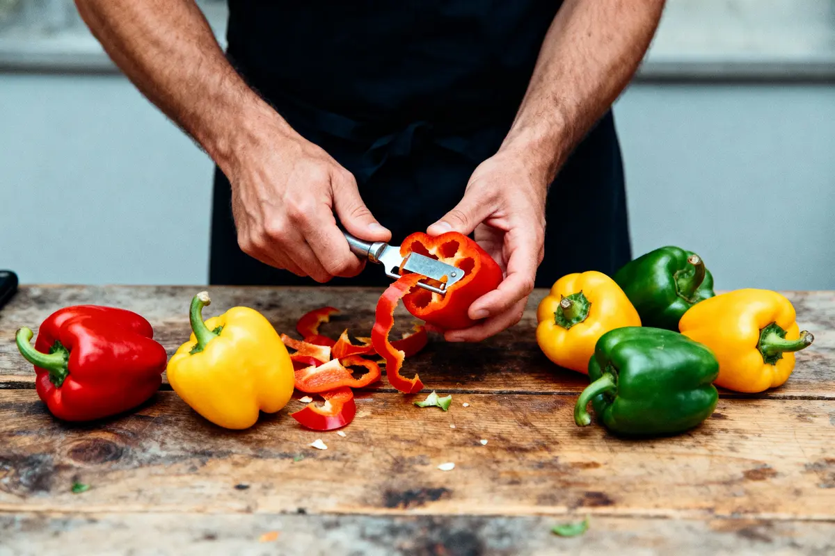 Homme épluchant un poivron rouge sur une table en bois avec plusieurs poivrons colorés autour.