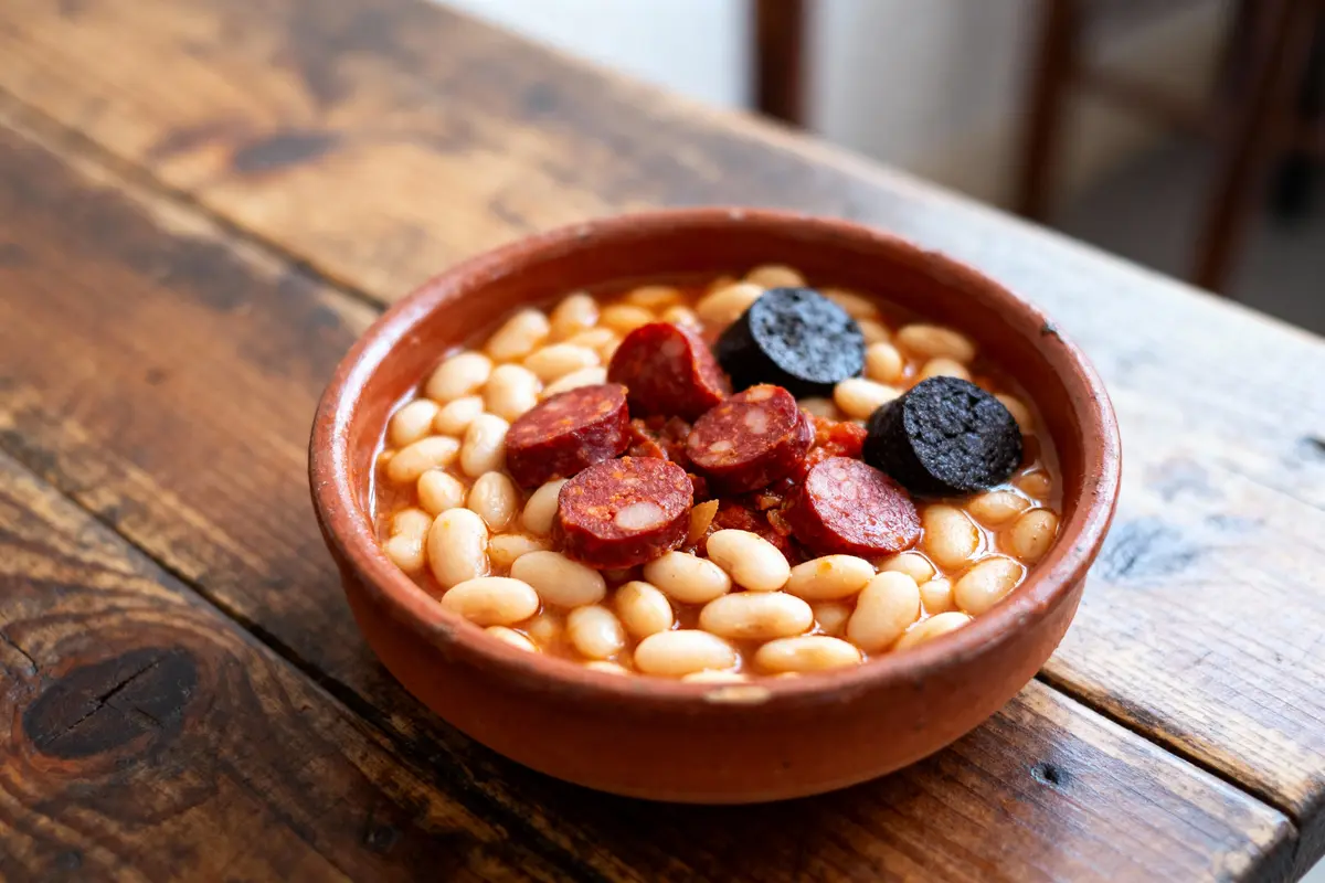 Bol de haricots blancs avec tranches de chorizo et boudin, posé sur une table en bois.