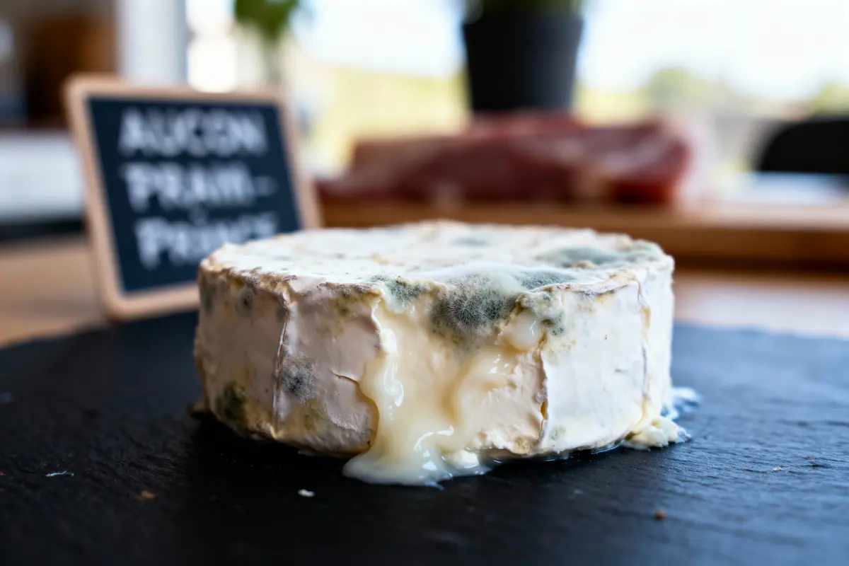 Fromage crémeux coulant sur planche, arrière-plan flou ardoise et écriteau partiellement visible.