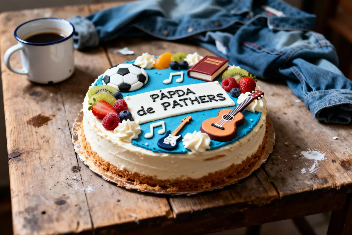 pexels-michal-pech-213601-757318 (1) Gâteau décoré avec fruits, guitare, ballon, livre sur table en bois, chemise en jean, tasse café.