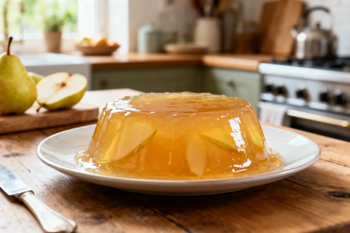 Gelée de poires sur une assiette blanche, dans une cuisine en arrière-plan.