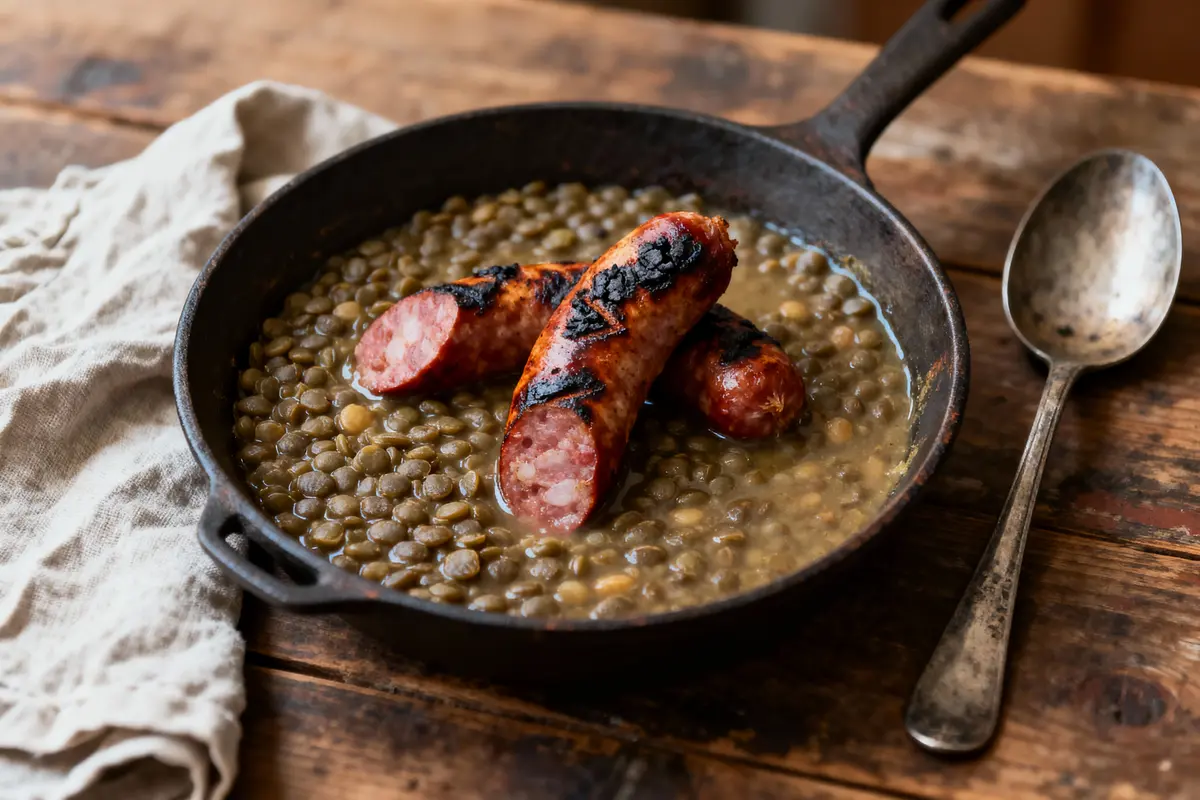 pexels-michal-pech-213601-757318 (1) Plat de lentilles avec saucisses grillées dans une poêle en fonte sur une table en bois.