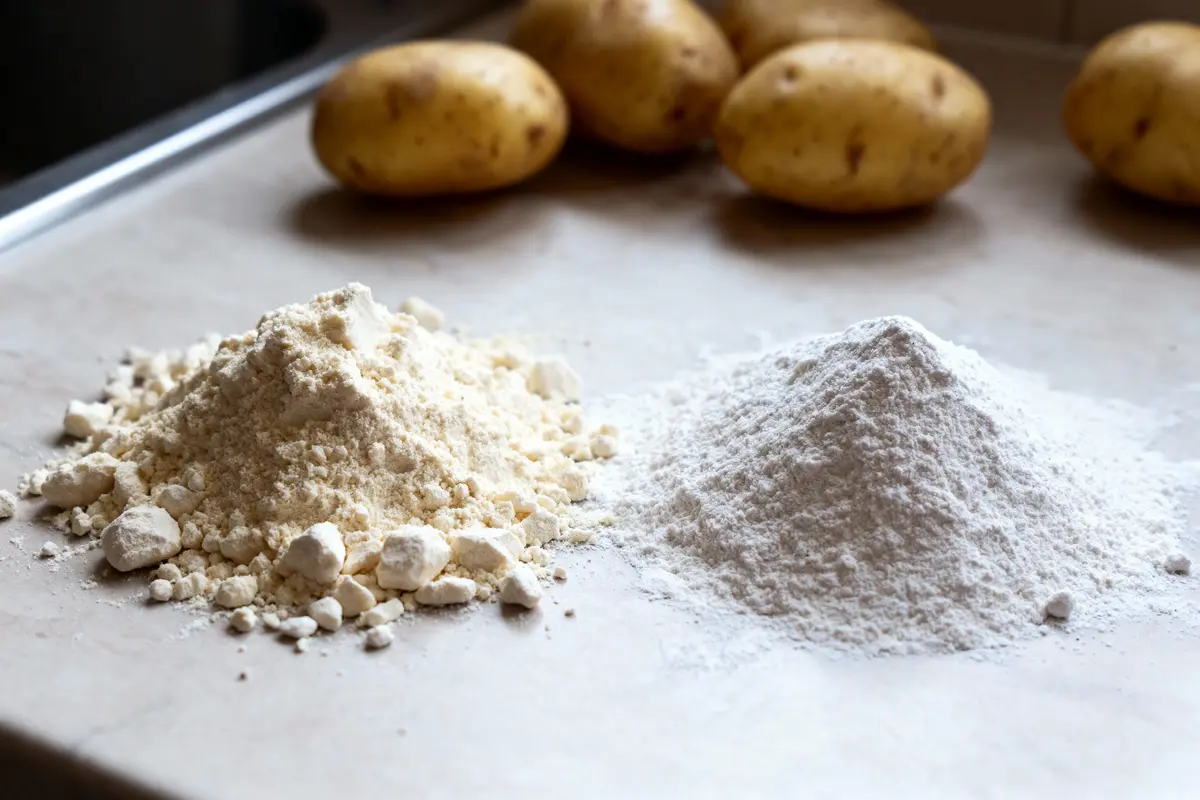 Deux tas de farine blanche et crème avec pommes de terre en arrière-plan sur un plan de travail.