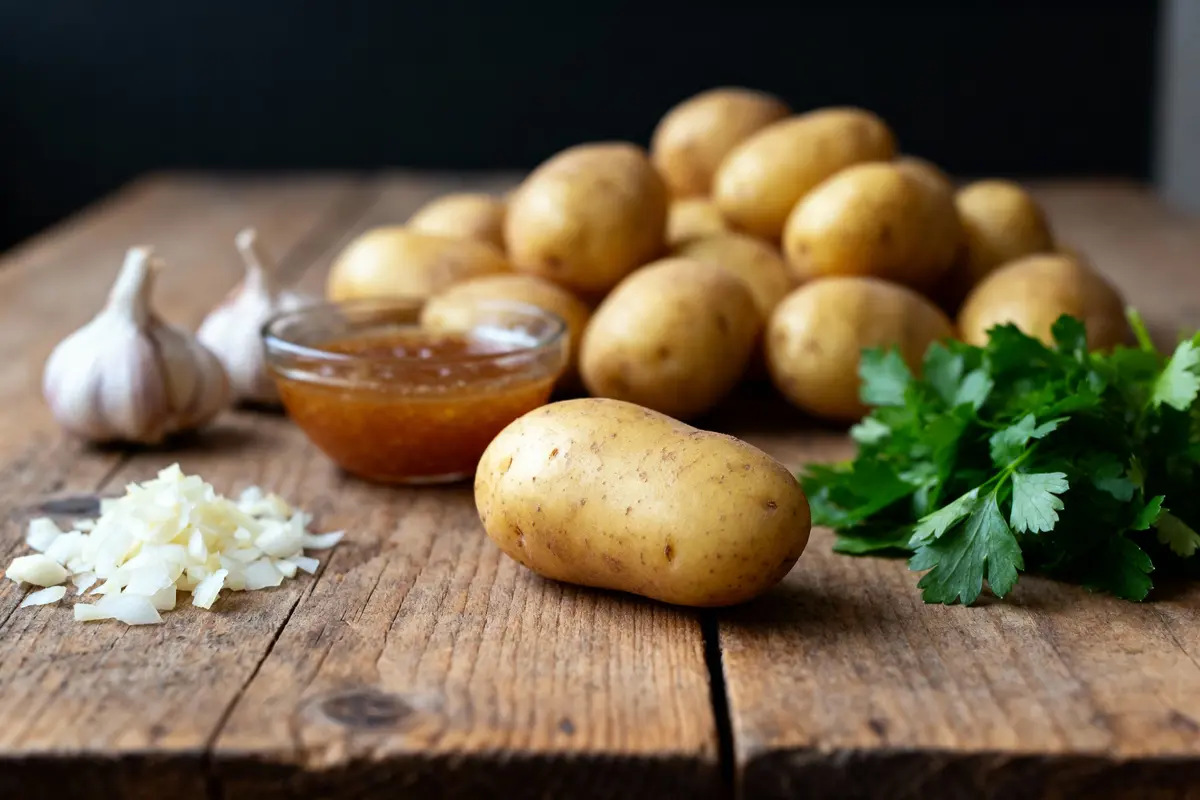 pexels-michal-pech-213601-757318 (1) Pommes de terre, ail, persil, et sauce sur table en bois, ambiance rustique et cuisine.