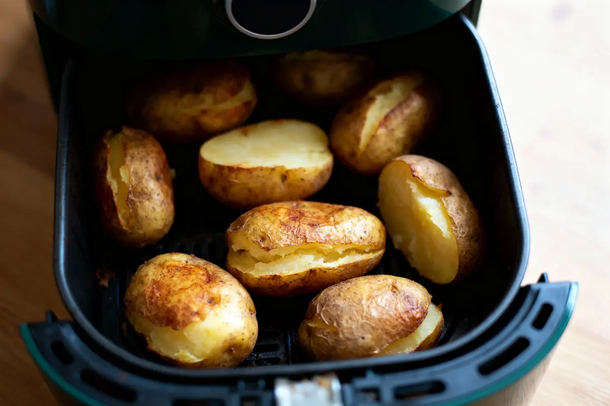 pexels-michal-pech-213601-757318 (1) Pommes de terre cuites à l'intérieur d'une friteuse à air sur un plan de travail en bois.