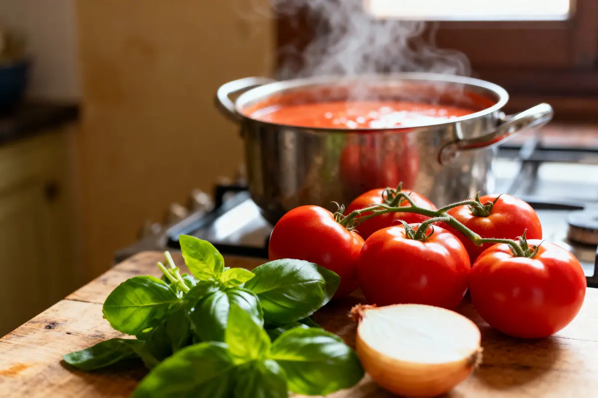 pexels-michal-pech-213601-757318 (1) Tomates, basilic, et oignon sur planche devant casserole de sauce tomate bouillante, cuisine en arrière-plan.