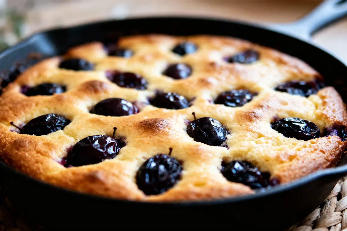 pexels-michal-pech-213601-757318 (1) Gâteau à la prune dans une poêle en fonte, surface dorée et prunes juteuses visibles.