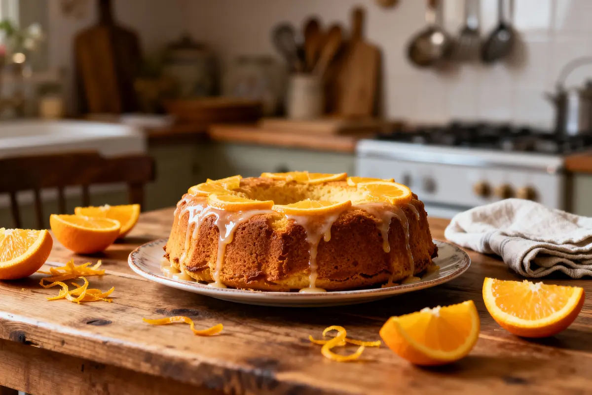 Gâteau à l'orange avec glaçage, décoré de tranches d'orange sur table en bois. Cuisine en arrière-plan.