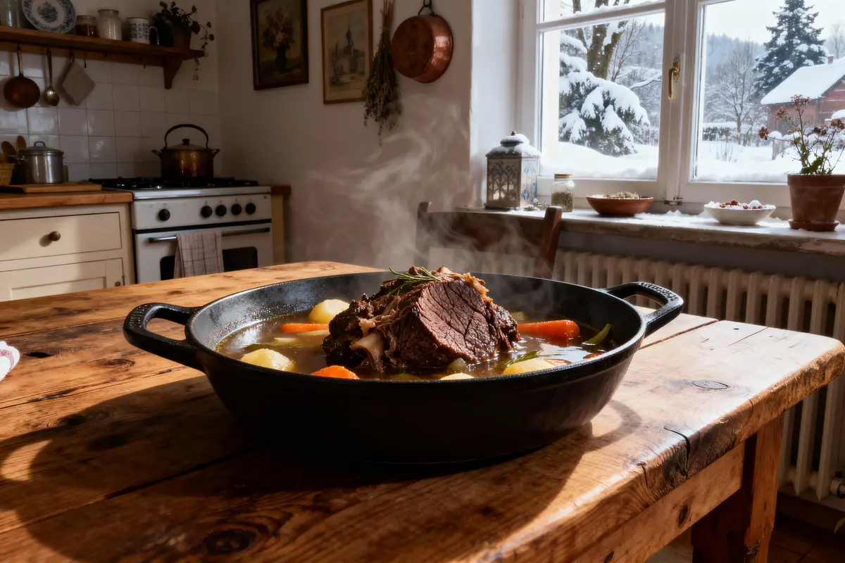 pexels-michal-pech-213601-757318 (1) Plat mijoté avec viande, carottes et pommes de terre, dans une cuisine rustique enneigée en arrière-plan.