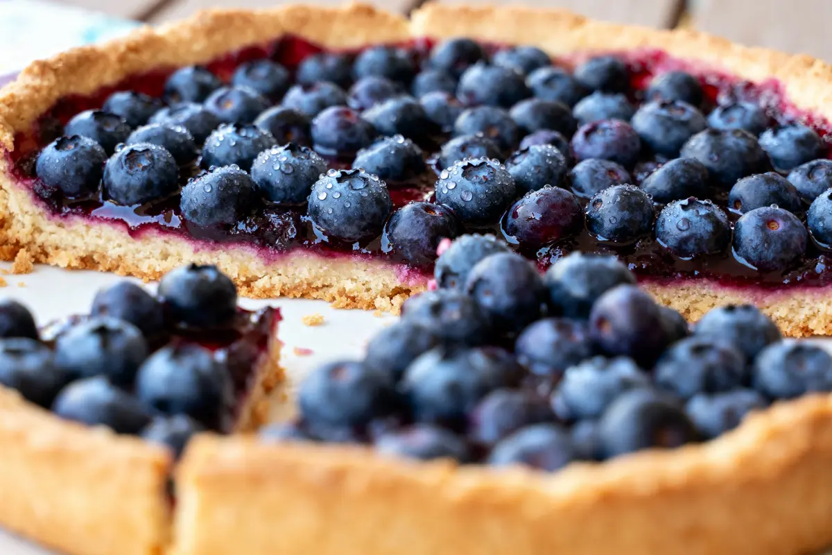 Tarte aux myrtilles avec croûte dorée, tranches manquantes, sur table en bois, vue rapprochée.