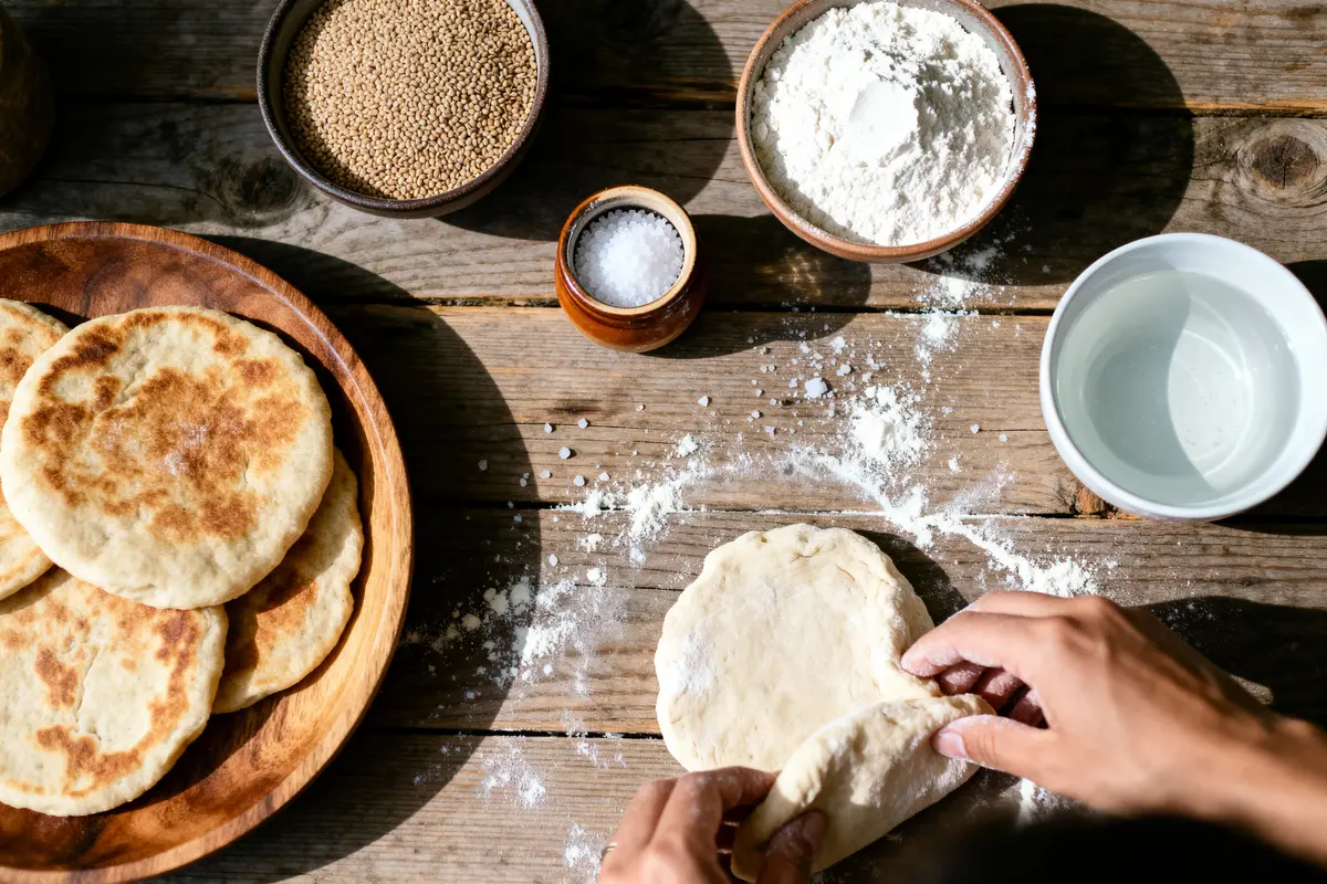 pexels-michal-pech-213601-757318 (1) Personne préparant du pain avec farine, eau, graines et sel sur une table en bois rustique.