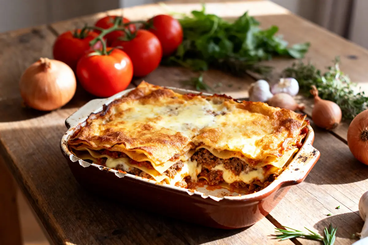 pexels-michal-pech-213601-757318 (1) Lasagnes dorées dans un plat avec tomates, oignons et herbes sur table en bois.