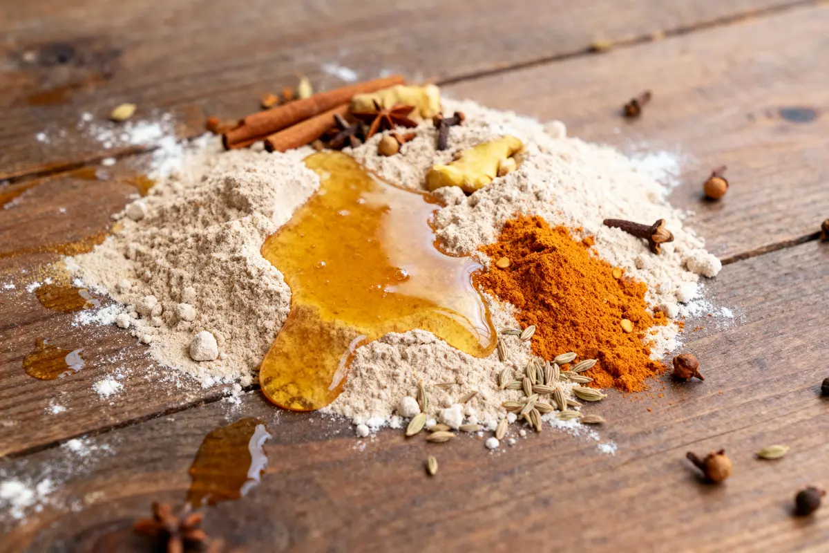 pexels-michal-pech-213601-757318 (1) Épices et miel sur table en bois : curcuma, cannelle, clous de girofle, cumin et gingembre.