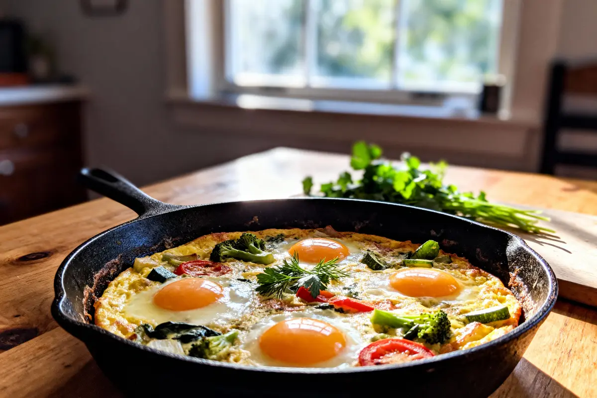 pexels-michal-pech-213601-757318 (1) Omelette aux légumes et œufs dans une poêle en fonte, sur une table en bois, avec herbes fraîches.