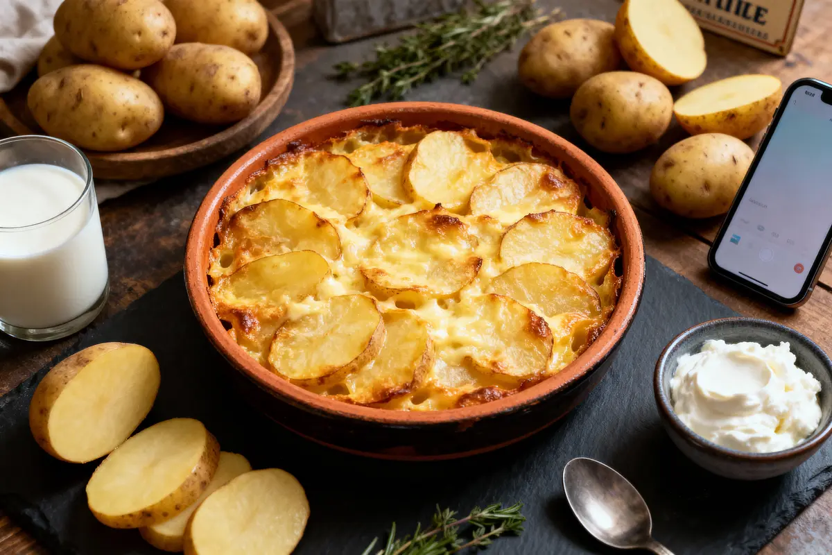 Gratin dauphinois dans un plat en céramique entouré de pommes de terre, lait, crème, cuillère et téléphone.
