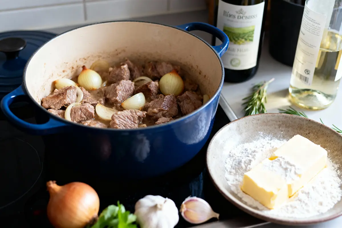 pexels-michal-pech-213601-757318 (1) Cocotte bleue avec viande, oignons, beurre, farine, ail, vin blanc, romarin, ingrédients cuisine rustique.