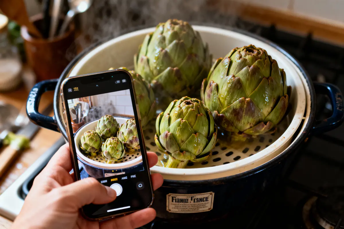 Main tenant un smartphone photographiant des artichauts à la vapeur dans une marmite sur une cuisinière.