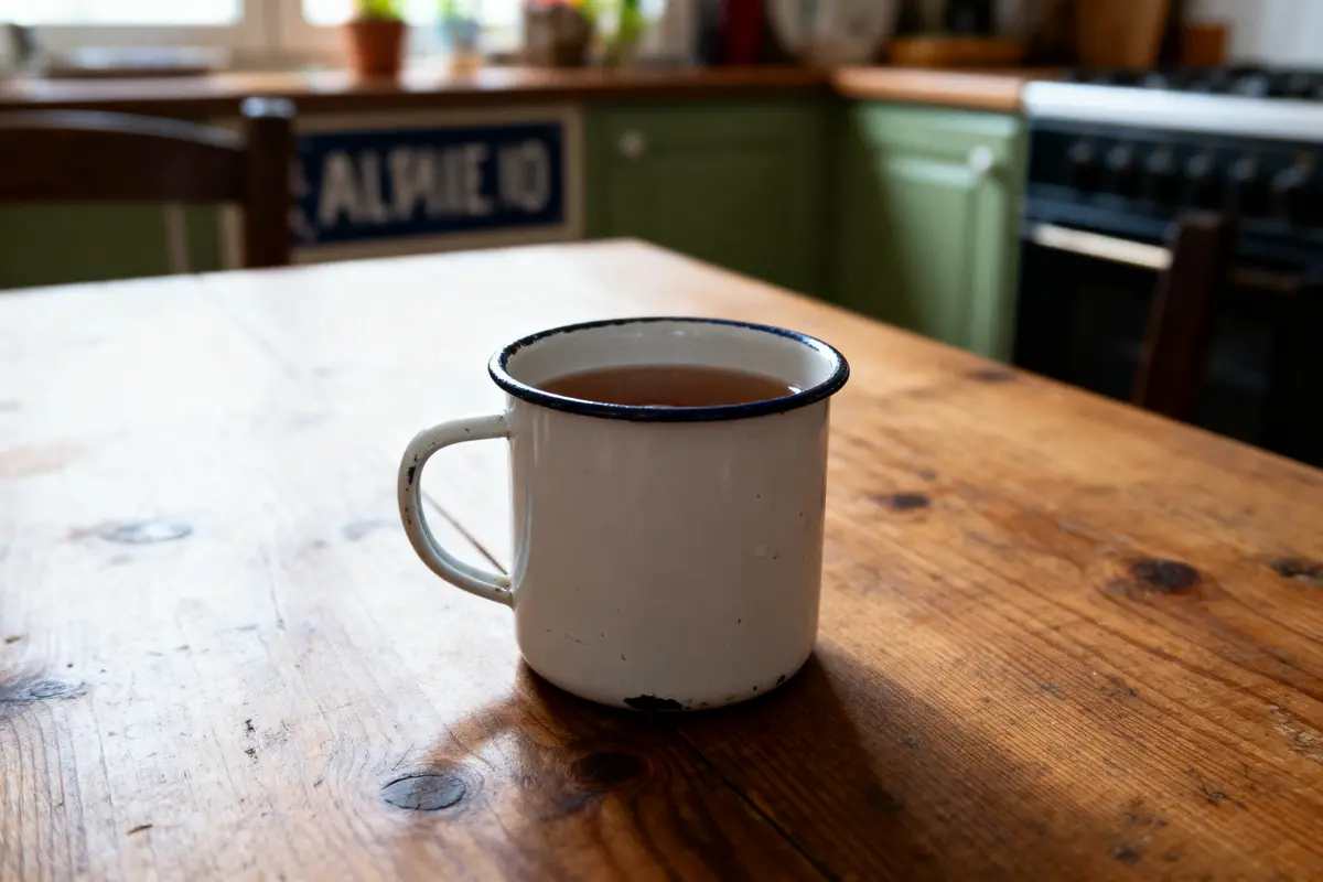 Tasse en métal émaillé sur table en bois dans une cuisine rustique, lumière naturelle.