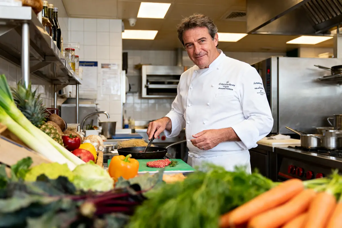 Chef souriant cuisinant dans une cuisine professionnelle, entouré de légumes frais et d'ingrédients divers.