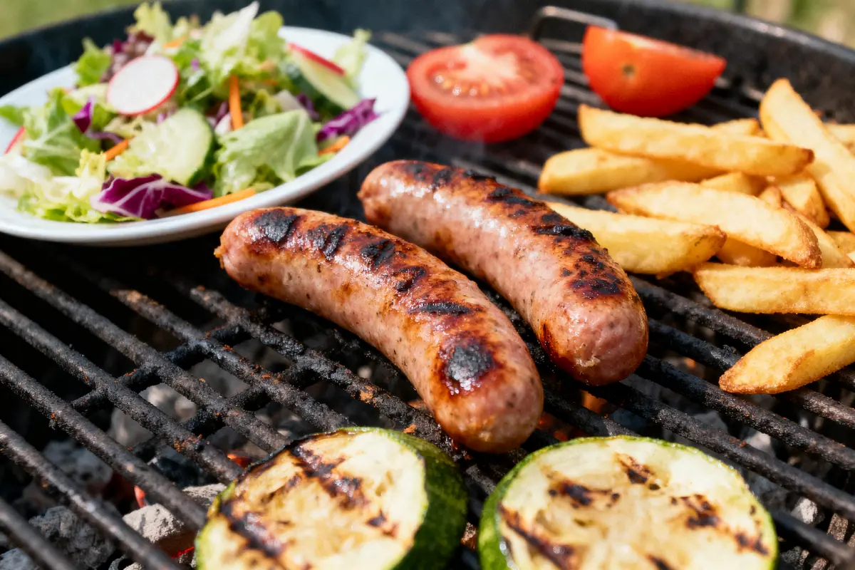 pexels-michal-pech-213601-757318 (1) Saucisses grillées, légumes, frites et salade sur barbecue, avec rondelles de courgettes et tranches de tomate.