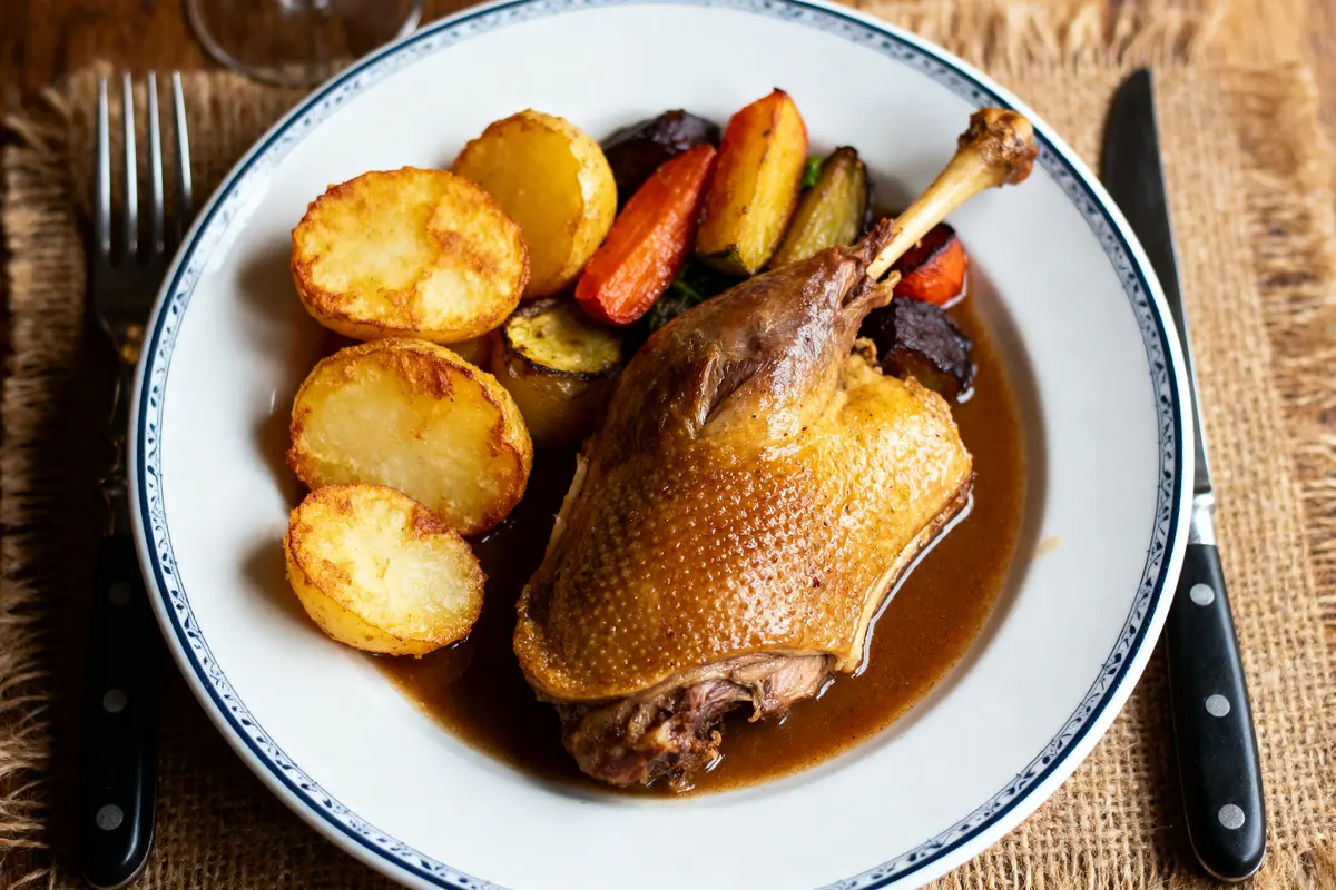 pexels-michal-pech-213601-757318 (1) Plat de cuisse de canard avec sauce, pommes de terre rôties et légumes sur assiette blanche décorée.