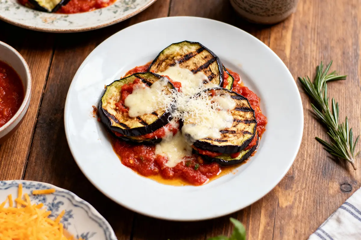 pexels-michal-pech-213601-757318 (1) Assiette de gratin d'aubergines grillées, sauce tomate, fromage fondu, sur une table en bois.