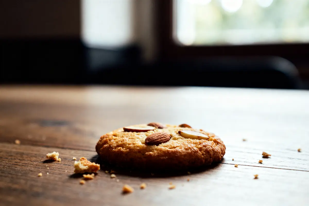 pexels-michal-pech-213601-757318 (1) Biscuit aux amandes posé sur une table en bois avec quelques miettes autour.