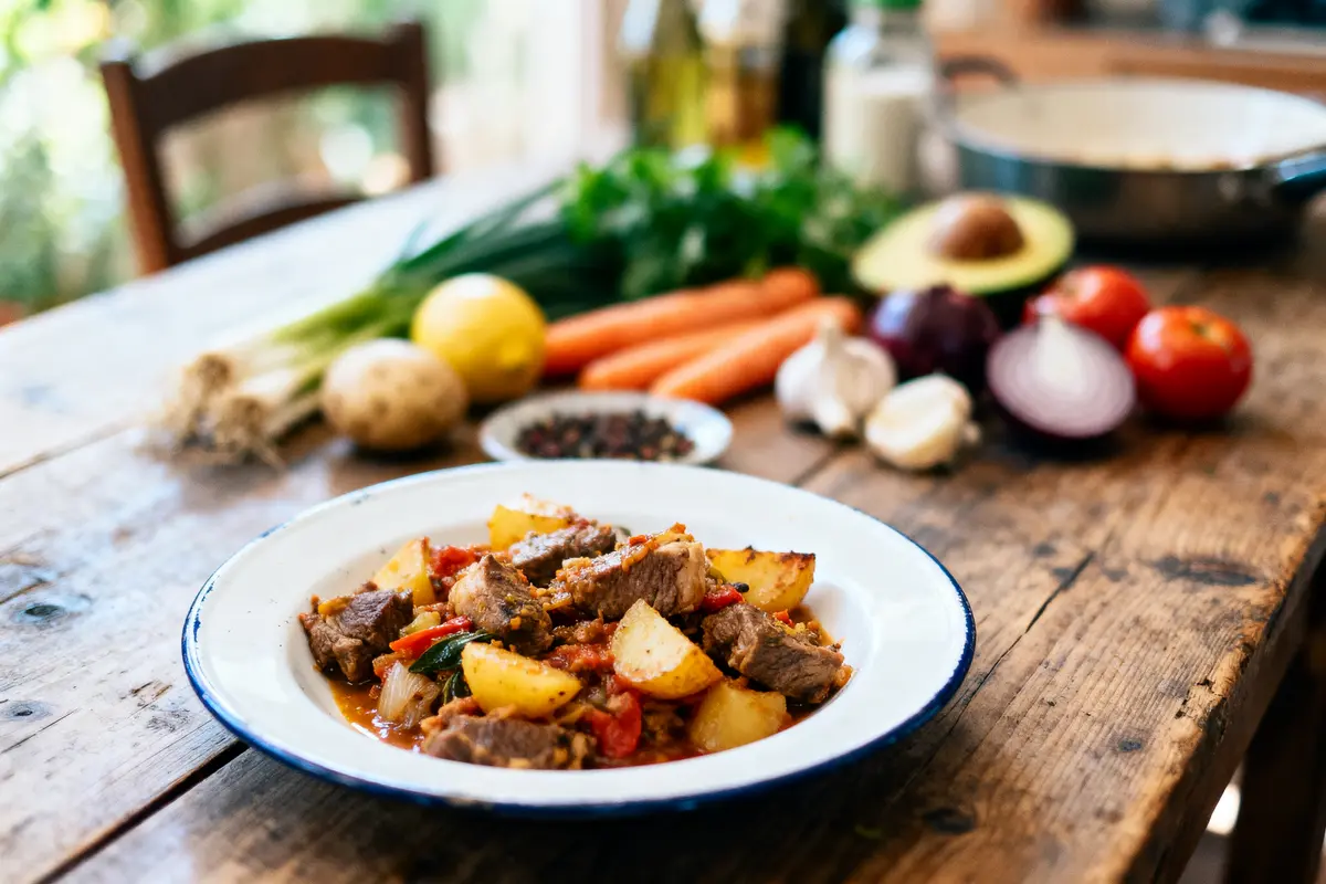 Assiette de ragoût de viande et pommes de terre sur table en bois avec légumes frais en arrière-plan.