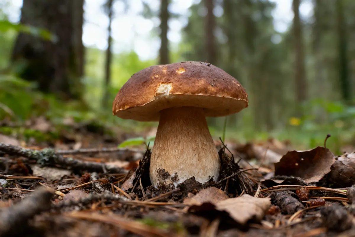 Champignon cèpe brun dans une forêt, entouré de feuilles et de branches au sol.