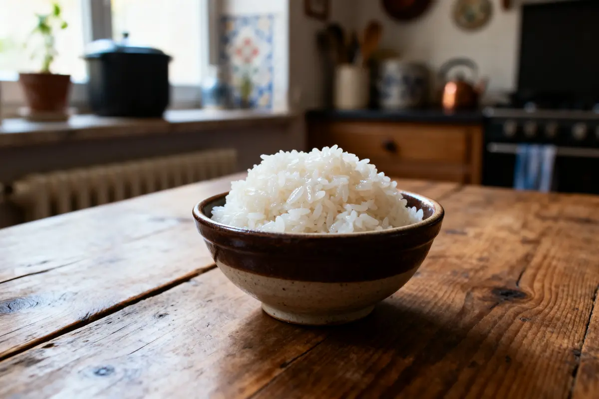 pexels-michal-pech-213601-757318 (1) Bol de riz blanc sur une table en bois, cuisine en arrière-plan avec cuisinière et pot.