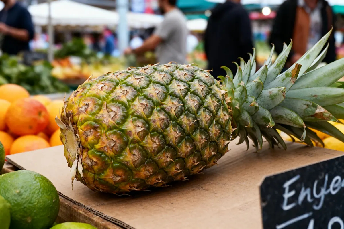 Ananas et agrumes sur étalage de marché, arrière-plan flou avec clients.