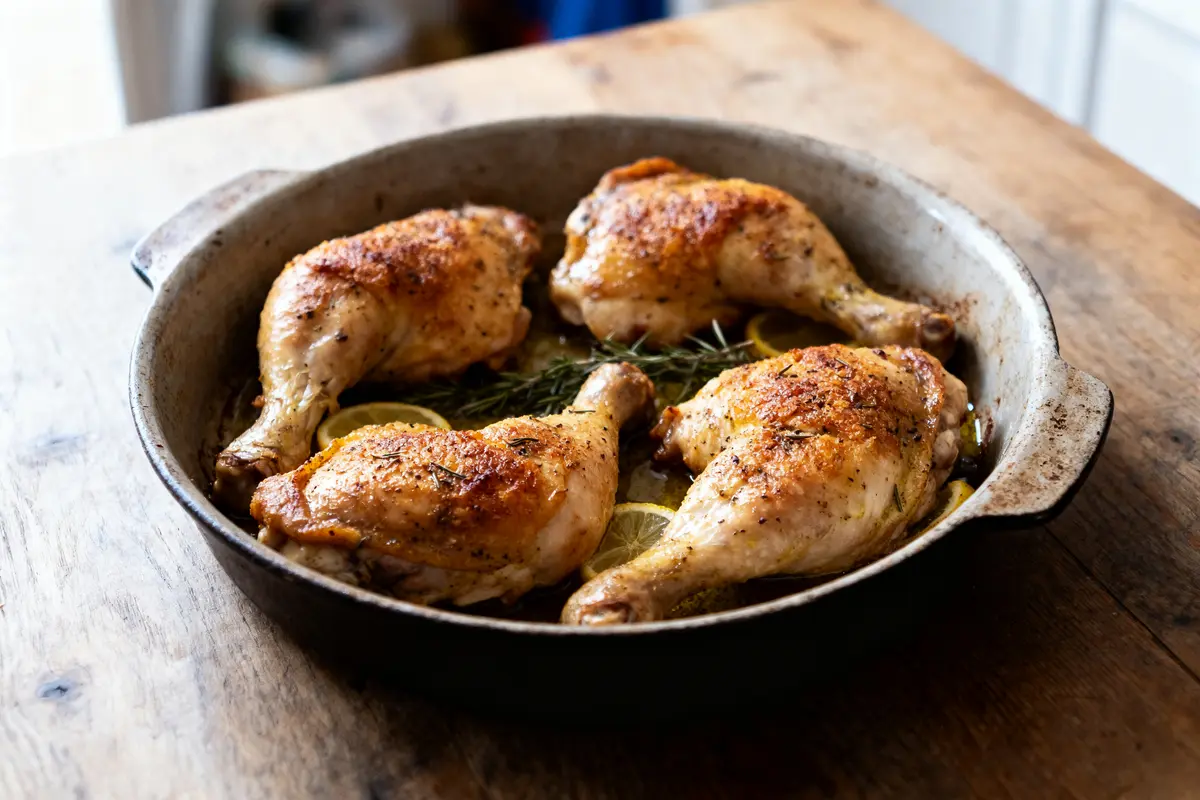 pexels-michal-pech-213601-757318 (1) Cuisses de poulet rôties, assaisonnées sur tranches de citron, romarin, dans un plat en fonte sur table bois.