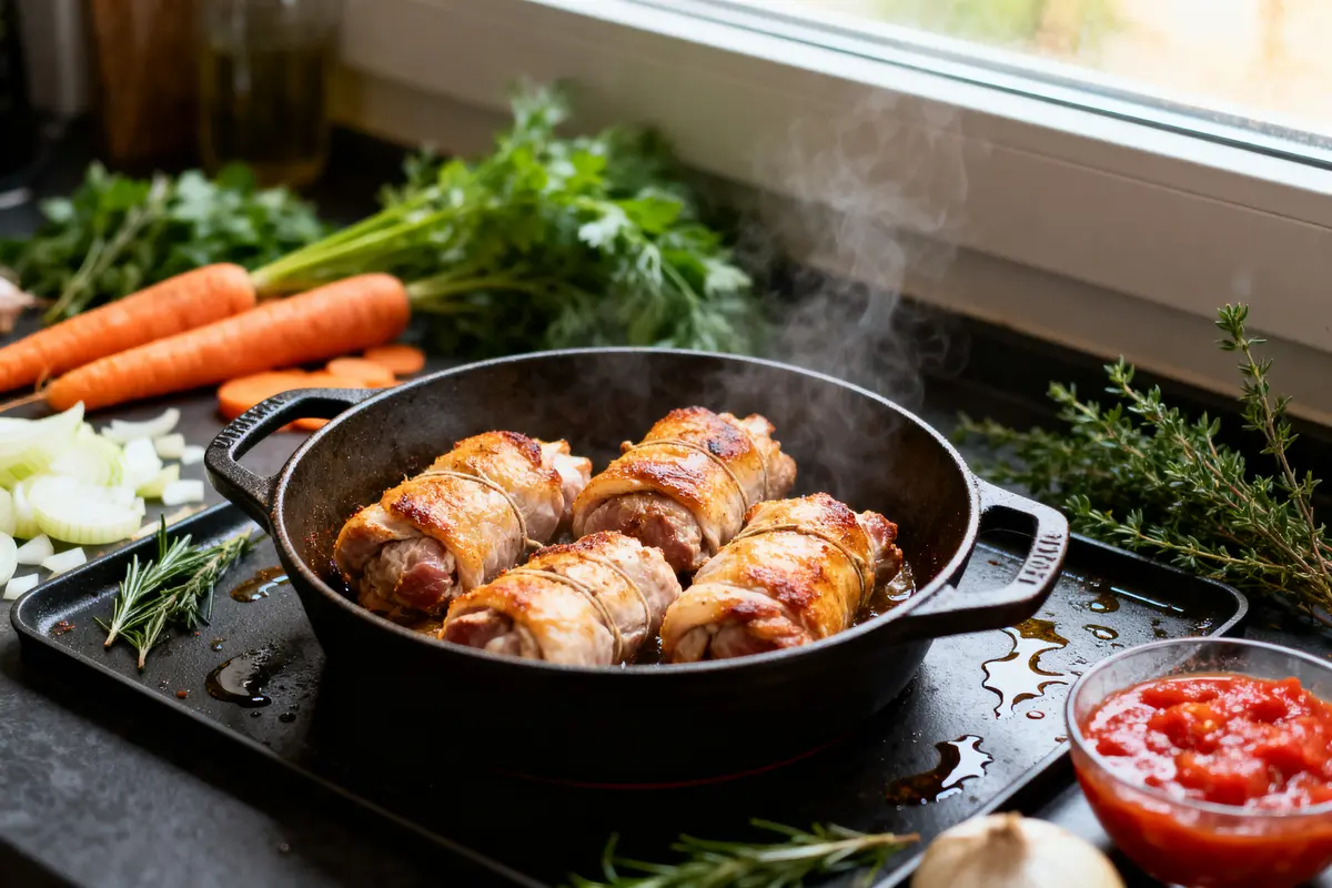 Roulés de viande cuits dans une poêle en fonte, avec légumes et herbes fraîches en arrière-plan.