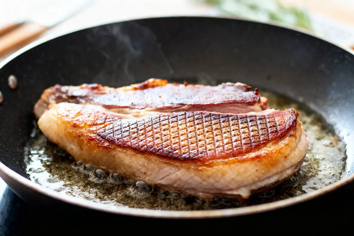 pexels-michal-pech-213601-757318 (1) Magret de canard rôti, peau quadrillée, dans poêle chaude, légèrement fumant, juteux, à la cuisson.