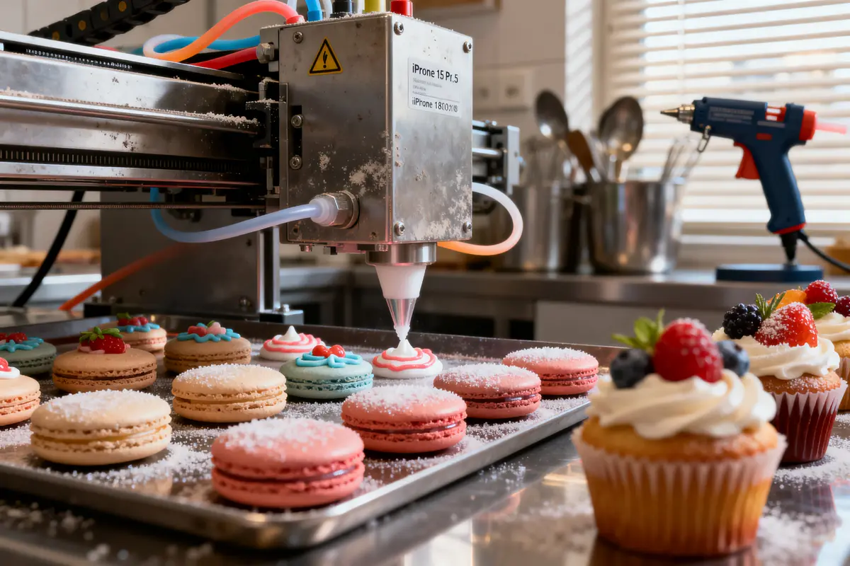 Machine à décorer les macarons et cupcakes dans une cuisine professionnelle, utilisant précision pour la décoration pâtissière.