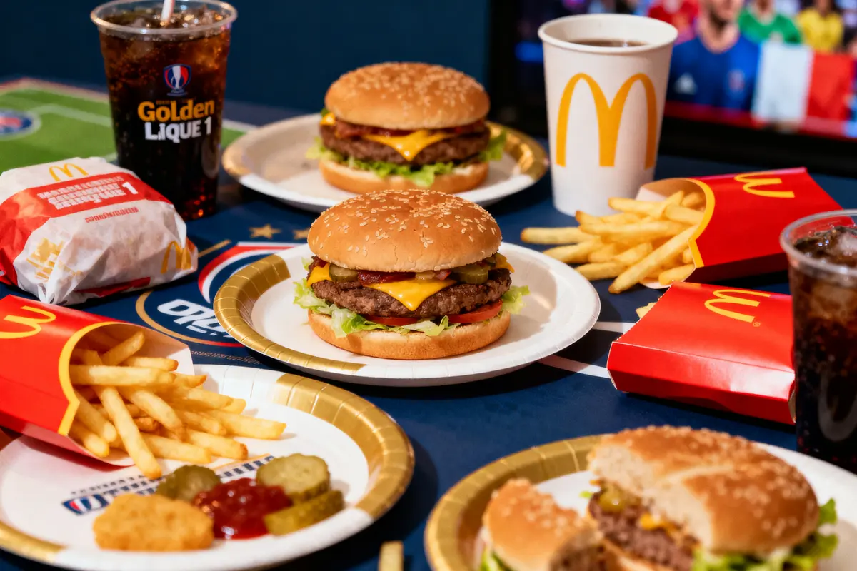 pexels-michal-pech-213601-757318 (1) Repas McDonald's avec hamburgers, frites, boissons gazeuses sur une table, ambiance sportive en arrière-plan.