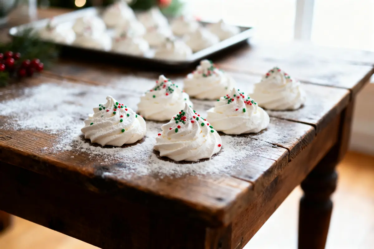 pexels-michal-pech-213601-757318 (1) Meringues blanches sur table en bois, saupoudrées de sucre, décorées de vermicelles rouges et verts. Noël.