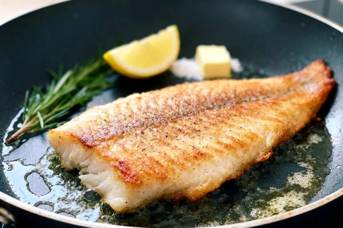 Filet de poisson doré, poêlé avec beurre. Tranche de citron, romarin sur le côté.
