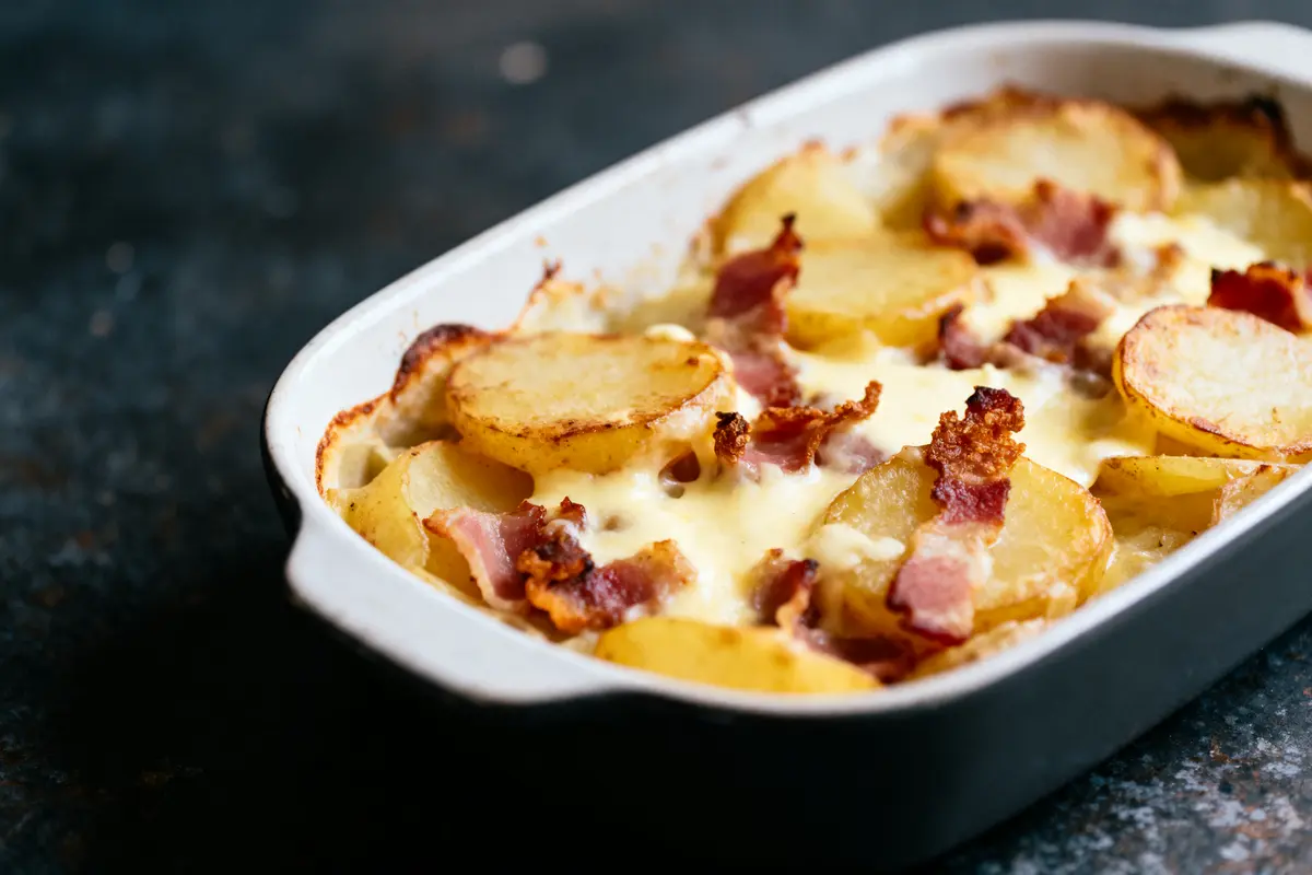 pexels-michal-pech-213601-757318 (1) Plat de pommes de terre gratinées avec fromage et bacon dans un plat à four blanc.