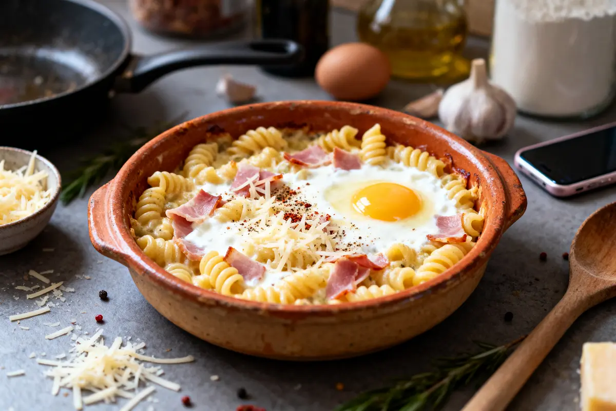 pexels-michal-pech-213601-757318 (1) Plat de pâtes avec œuf au plat, jambon, fromage râpé, sur table avec ingrédients de cuisine.