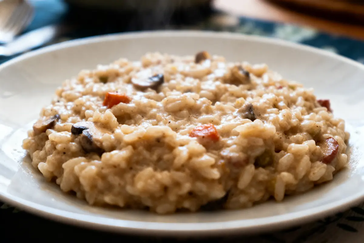 Plat de risotto crémeux avec champignons et légumes sur une assiette blanche, en gros plan appétissant.