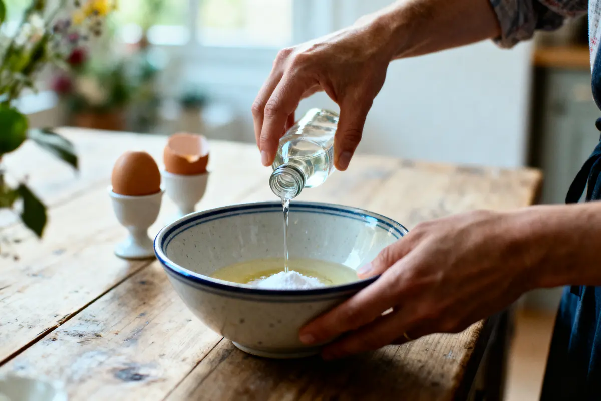 pexels-michal-pech-213601-757318 (1) Personne versant liquide dans un bol avec des œufs, sur une table en bois. Environnement de cuisine.