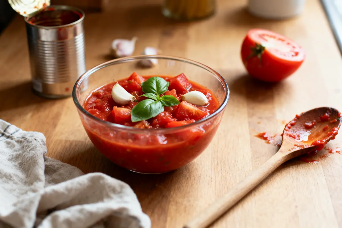 Bol de sauce tomate avec basilic et ail, cuillère en bois et tomate entière sur table en bois.