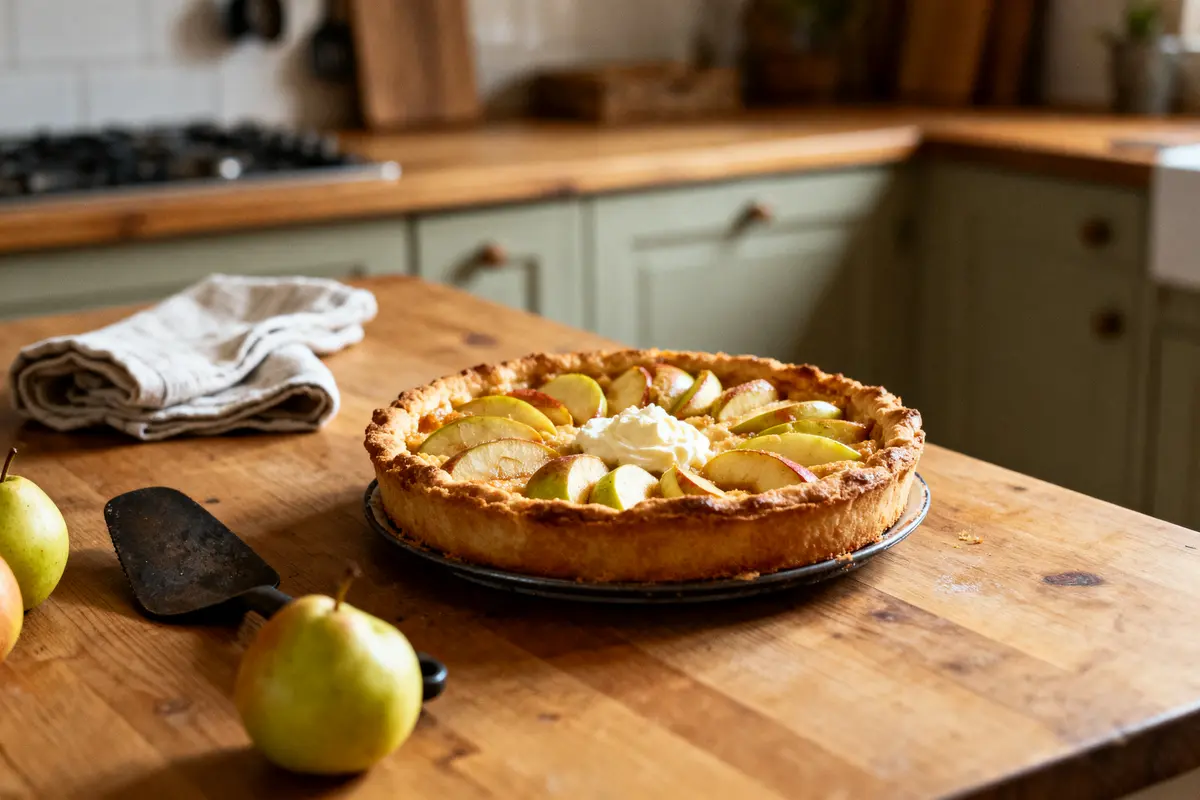 pexels-michal-pech-213601-757318 (1) Tarte aux pommes sur table en bois, cuisine rustique, torchon et pelle à tarte, deux poires à côté.