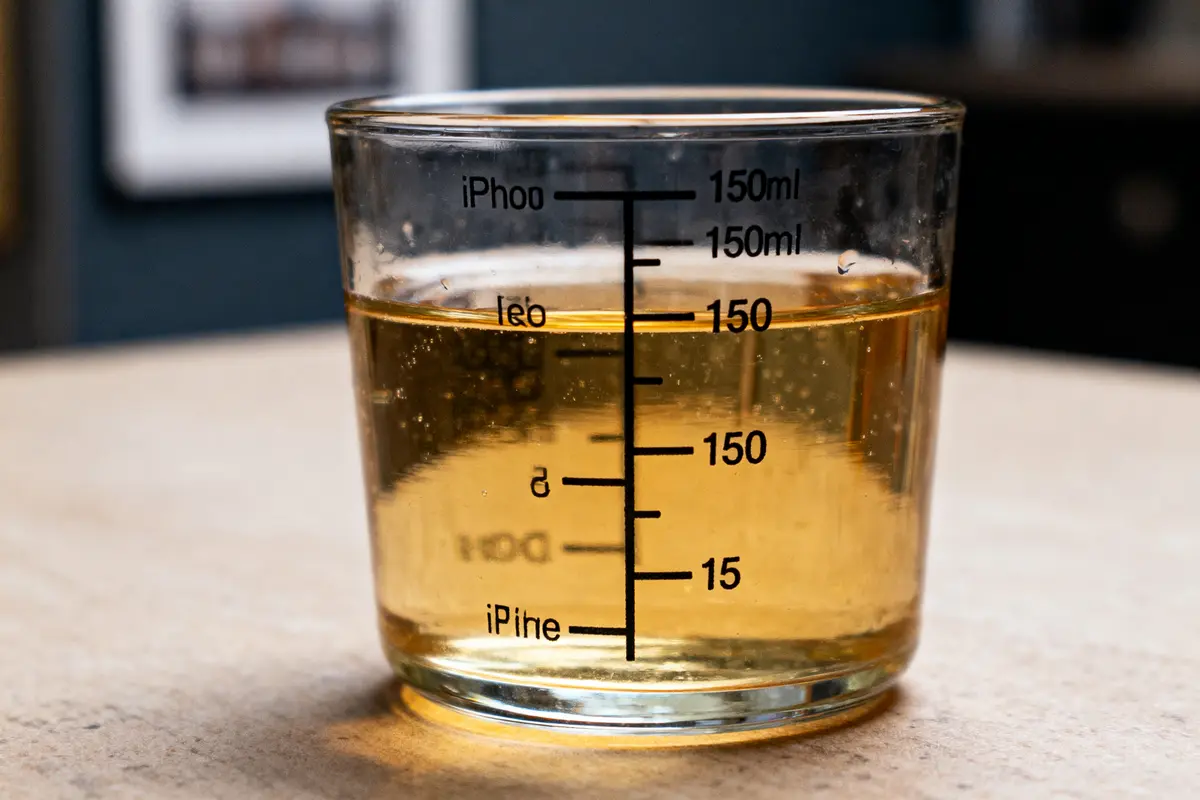 Un verre gradué contient un liquide ambré pétillant, posé sur une table.