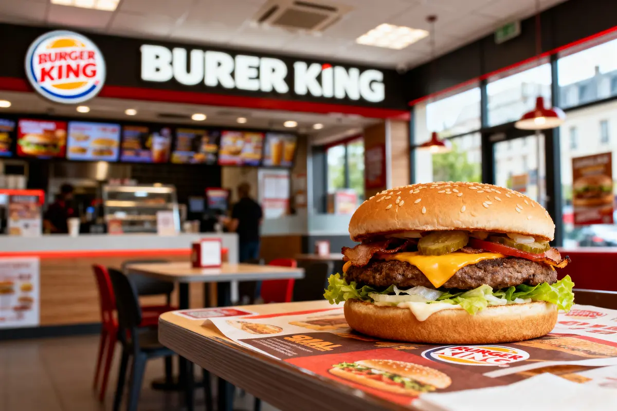 Burger appétissant avec fromage, bacon et cornichons sur plateau dans un restaurant de restauration rapide.