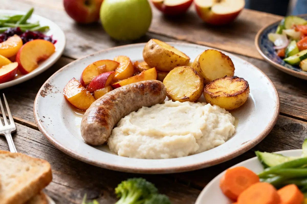 pexels-michal-pech-213601-757318 (1) Assiette de saucisse, purée, pommes de terre rôties, avec salade et fruits en arrière-plan sur table en bois.