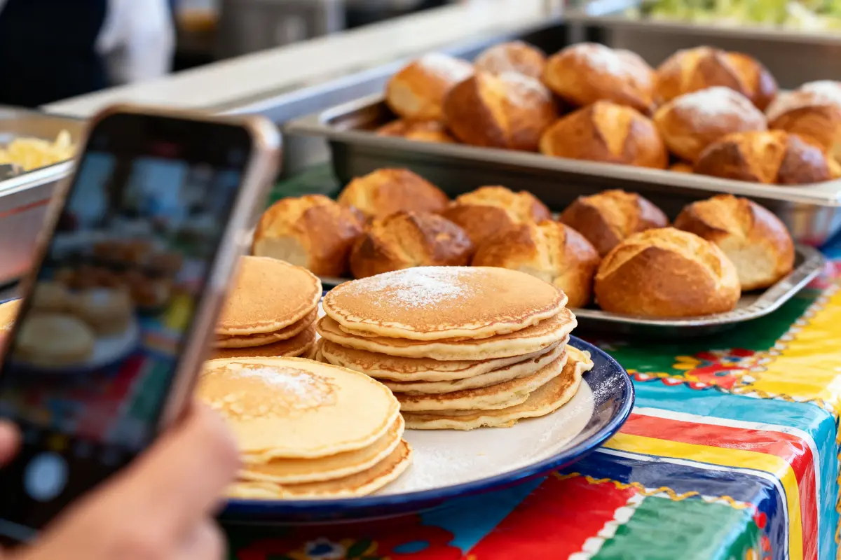 Assiette de pancakes poudrés de sucre, smartphone capturant l'image, en arrière-plan des petits pains dorés.
