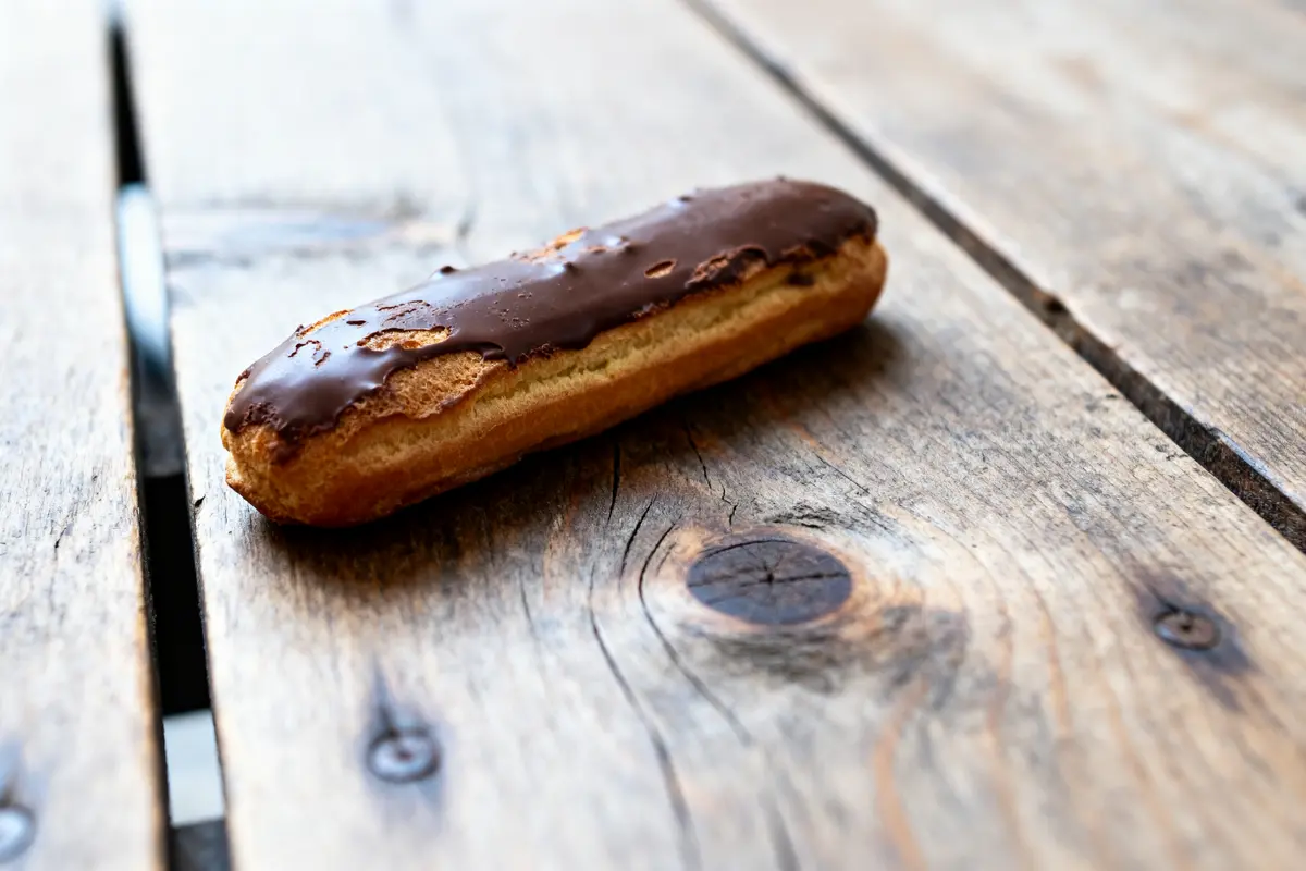 Éclair au chocolat sur table en bois rustique, éclairage naturel et arrière-plan flou.