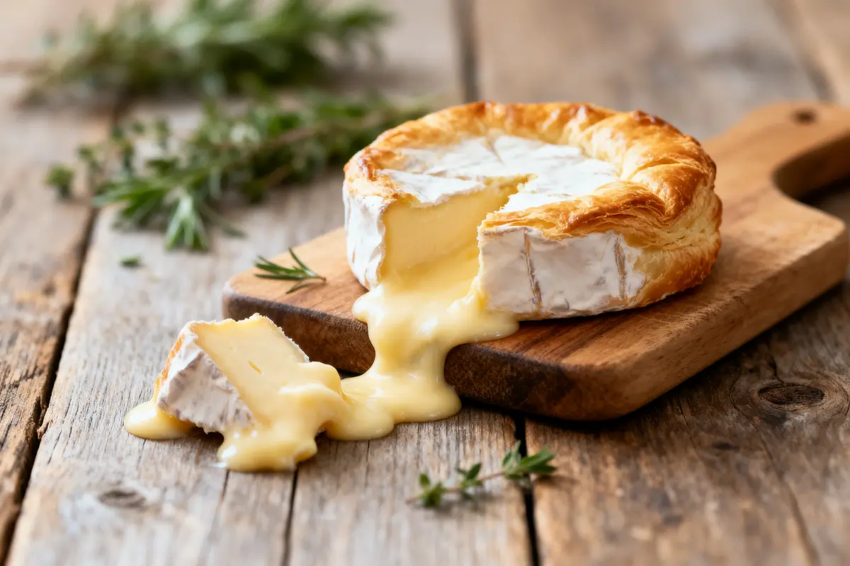 Fromage coulant sur planche en bois, herbes fraîches en arrière-plan.